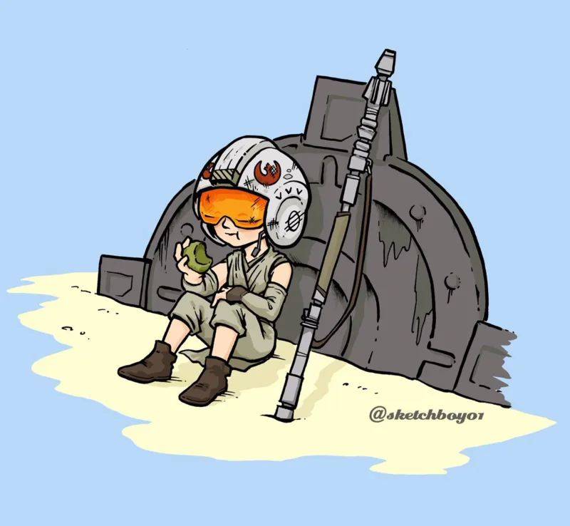 A cartoon Rebel pilot in a white helmet with orange visor and green flight suit sits on sandy ground next to a crashed…
