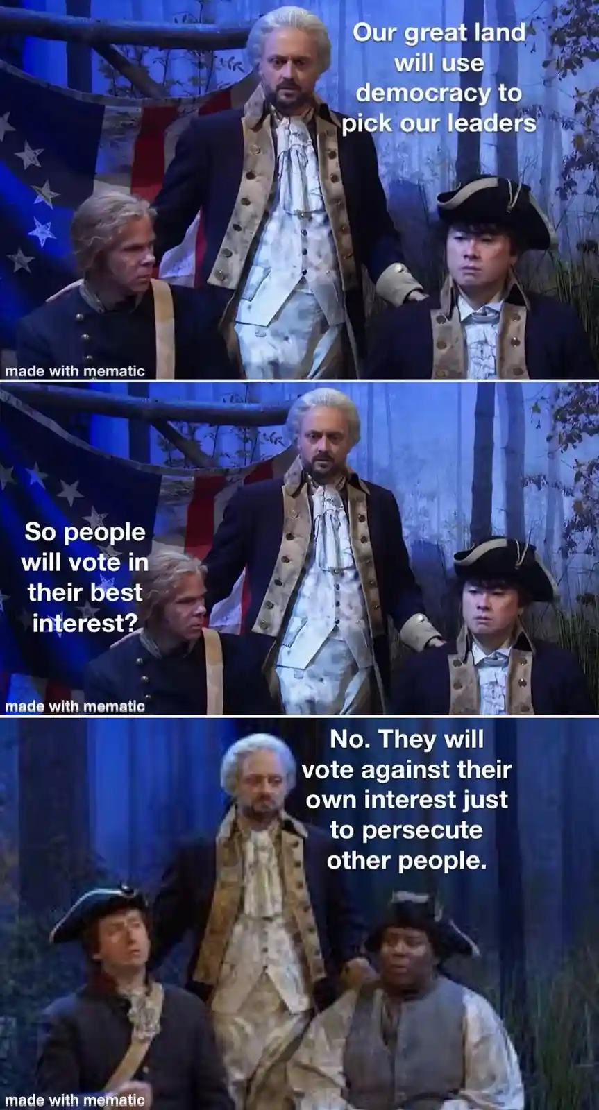 Three panels show actors in colonial-era costumes against a forest backdrop with an American flag. The central figure speaks…