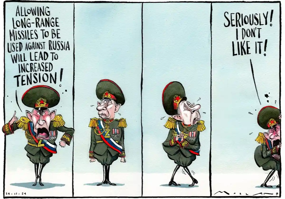 A four-panel cartoon depicts a caricatured Russian military officer in uniform. In the first panel, he shouts, 'ALLOWING…