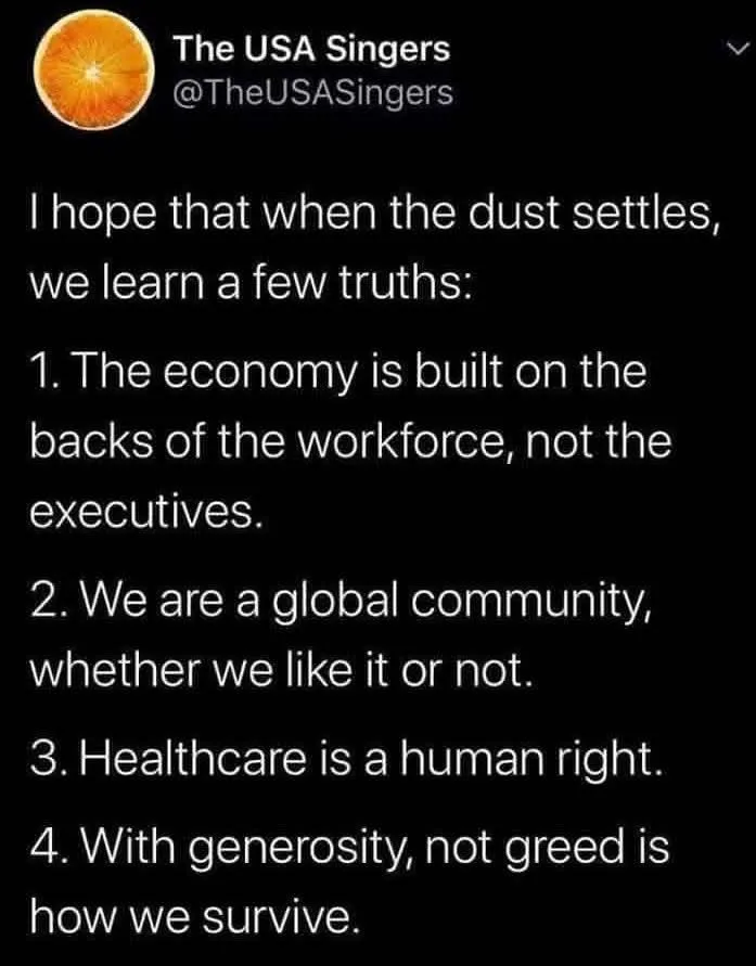 A screenshot of a tweet from 'The USA Singers' with an orange slice profile picture, displaying a list of four truths the…