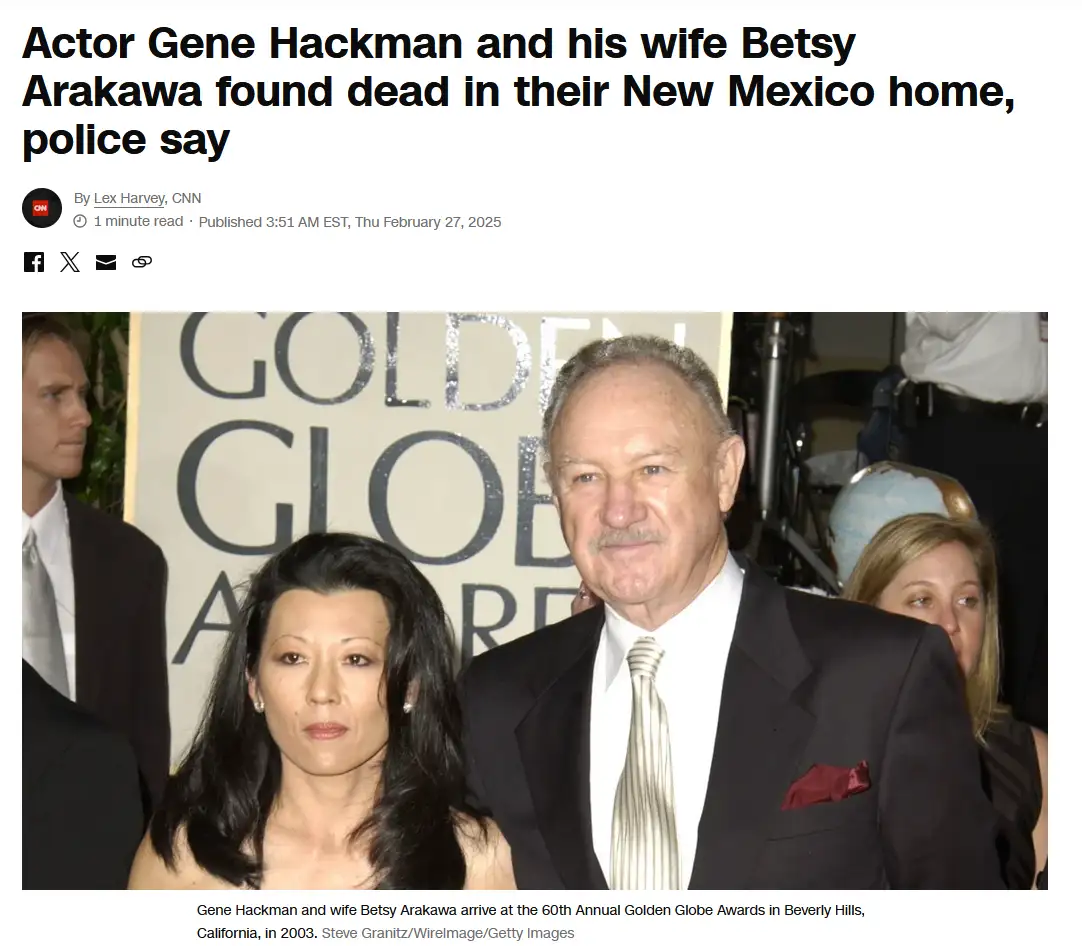 A news article screenshot shows a photo of actor Gene Hackman and his wife Betsy Arakawa at the 2003 Golden Globe Awards…