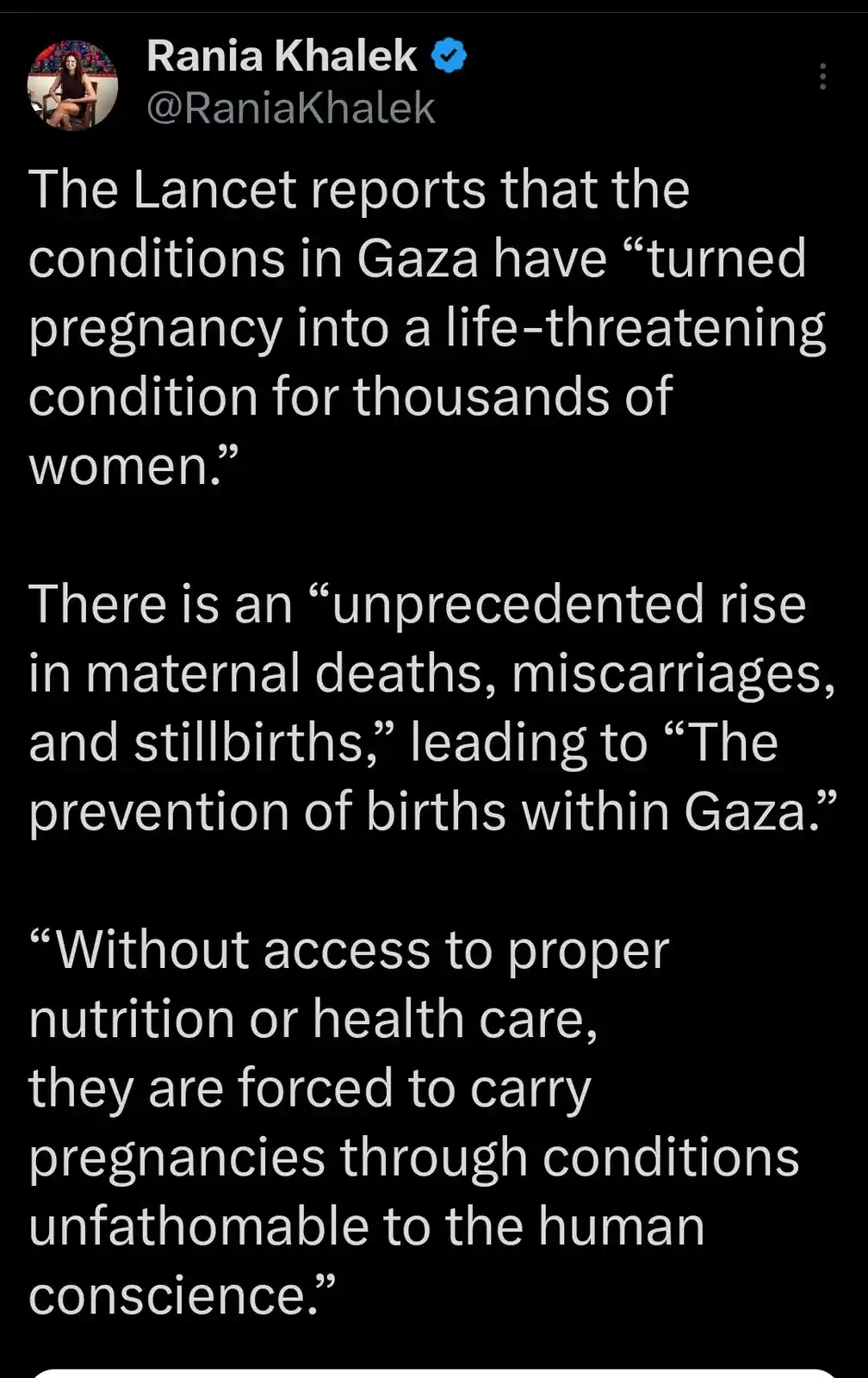 A screenshot of a tweet by Rania Khalek quoting The Lancet's report on Gaza, detailing how pregnancy has become…