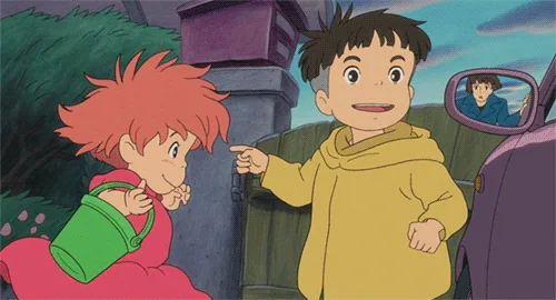 A four-panel sequence from the Studio Ghibli film 'Kiki's Delivery Service' shows a young boy in a yellow hoodie carrying a…