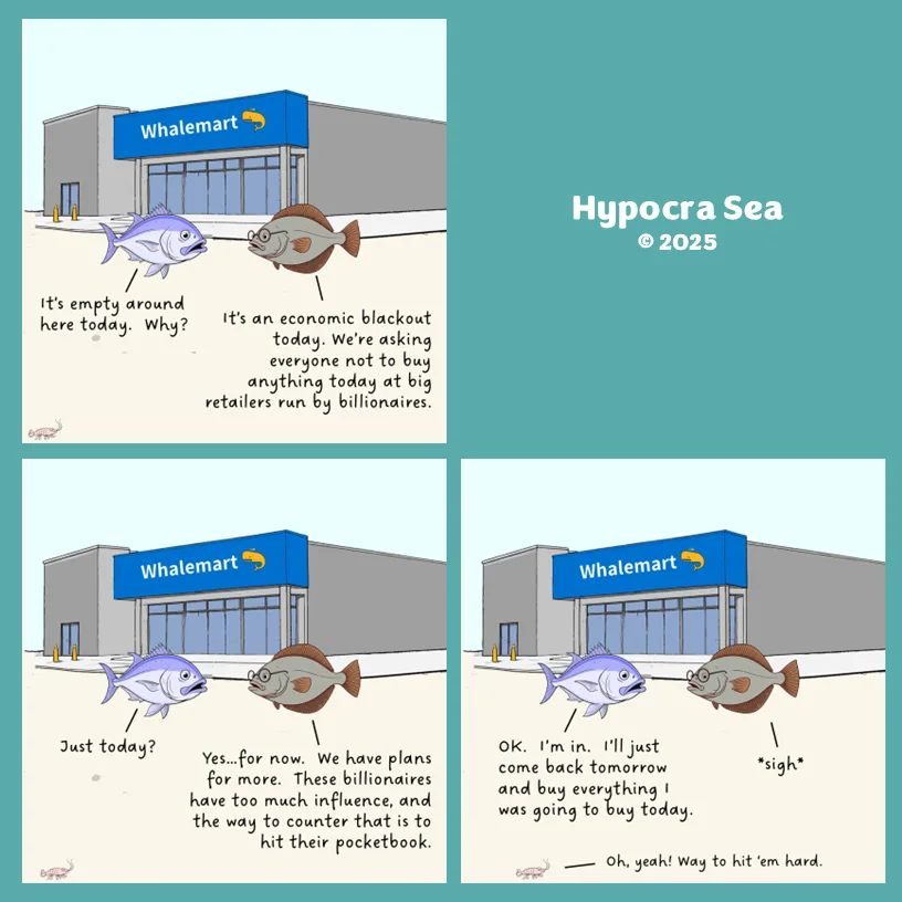 A four-panel comic strip featuring two cartoon fish outside a store called 'Whalemart'. The fish discuss an 'economic…
