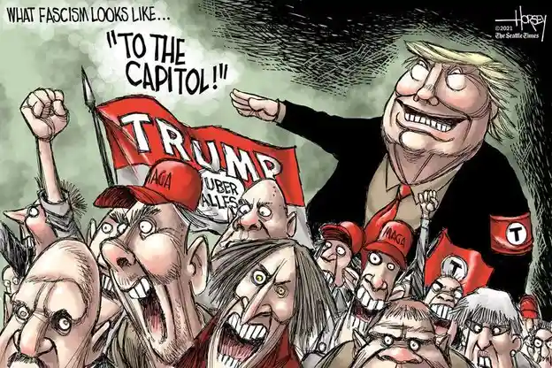 A political cartoon depicts a caricature of Donald Trump leading a mob of angry supporters shouting "TO THE CAPITOL!" while…