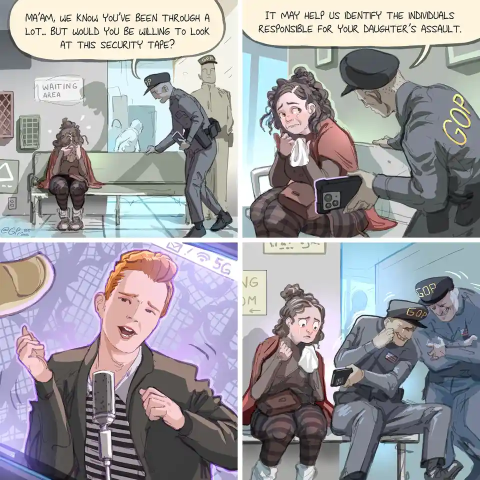A four-panel comic shows a distressed woman in a waiting room being asked by two uniformed officers to view security footage…