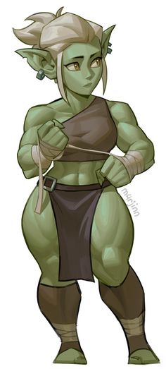 A muscular, green-skinned elf woman with pointed ears and a brown loincloth stands with a stern expression, holding a thin…