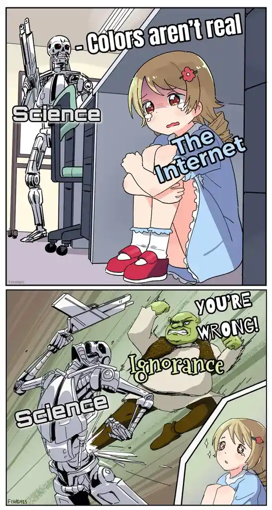 The top panel shows a skeletal robot labeled 'Science' holding a gun and saying 'Colors aren't real' while a crying anime…