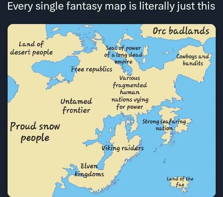 A stylized fantasy map with beige landmasses and blue seas, labeled with clichéd fantasy tropes like 'Proud snow people'…