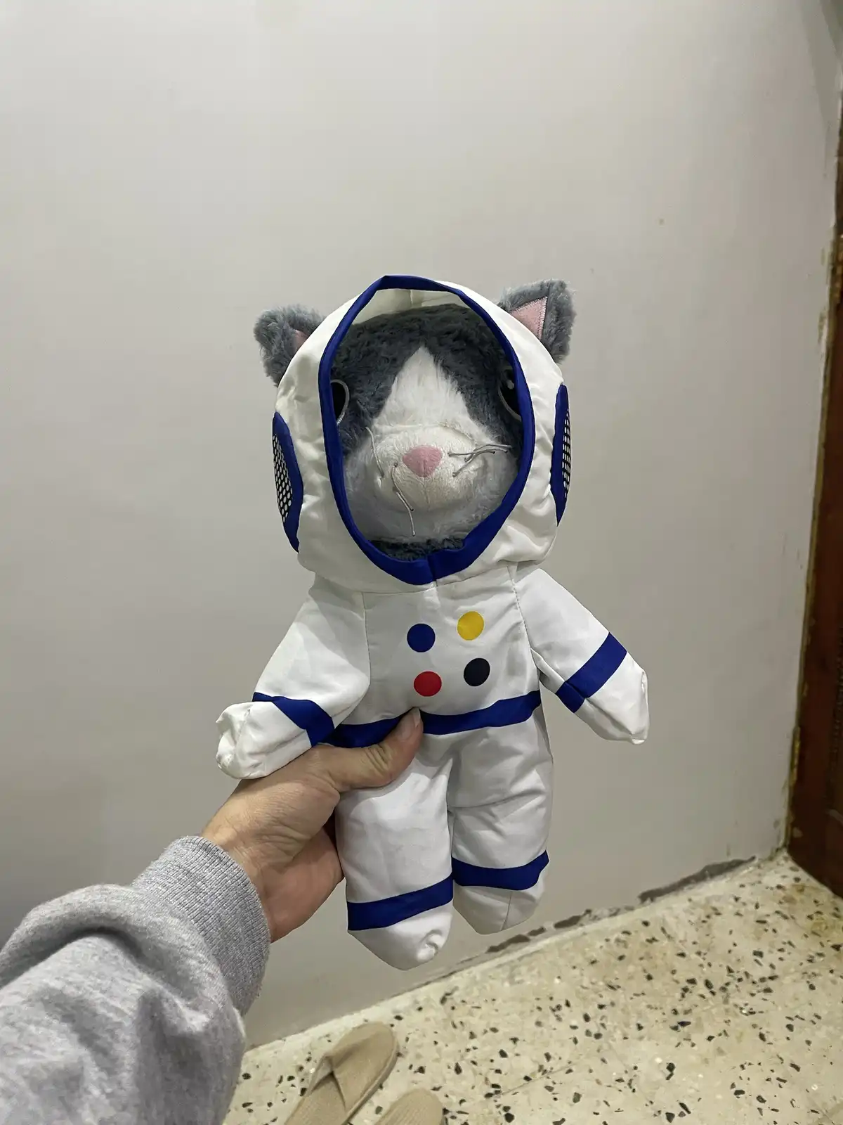 A person holds a plush cat toy dressed in a white astronaut suit with blue trim and colorful dots on the chest. The cat has…