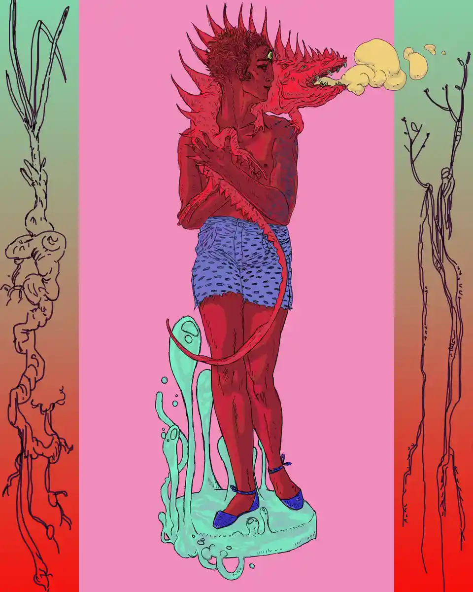 A red-skinned humanoid figure with spiky hair and a dragon head emerging from their shoulder, wearing blue patterned shorts…