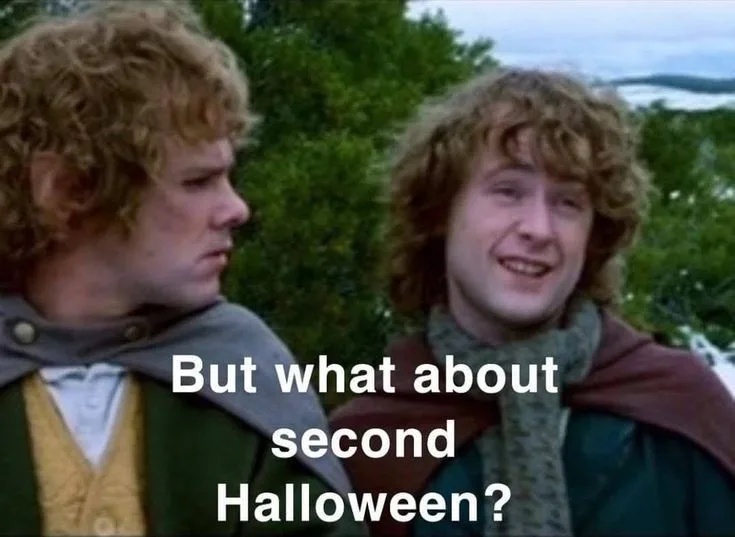 Two hobbits from 'The Lord of the Rings' are shown, one looking skeptical and the other smiling. White text overlaid on the…