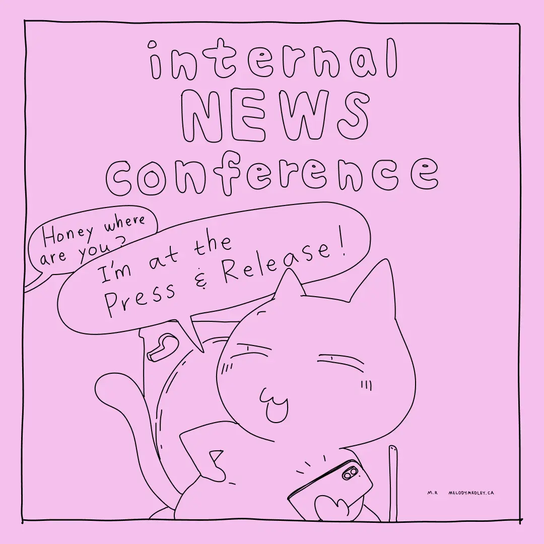 A cartoon cat in a pink background is holding a phone and smiling smugly while speaking at an 'internal NEWS Conference'. A…