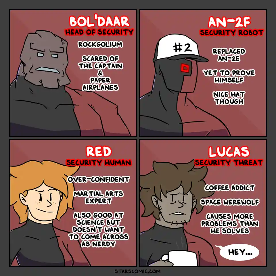 A four-panel comic strip introduces four security personnel with humorous, self-deprecating descriptions. Bol'Daar, a…