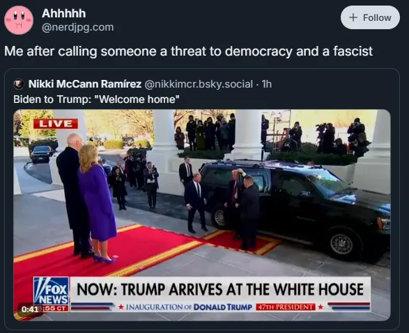 A screenshot of a Fox News broadcast showing Donald Trump arriving at the White House for his inauguration, with Joe and…
