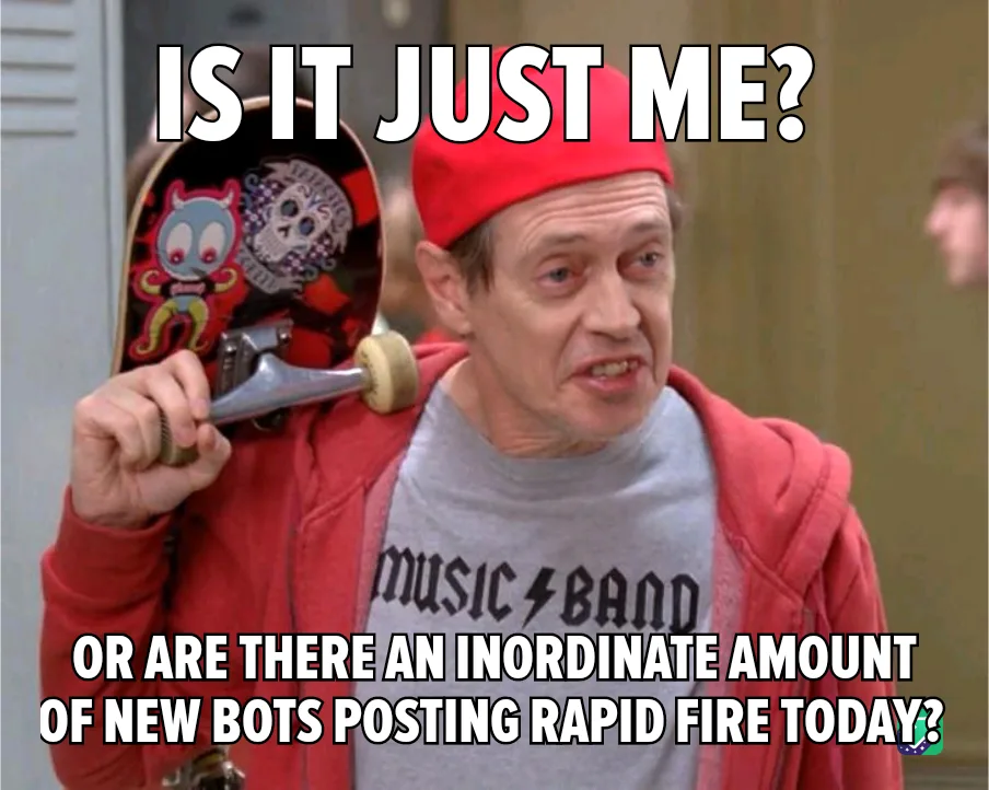 A man in a red beanie and red hoodie holds a skateboard with stickers, looking confused and concerned. The text overlaid on…