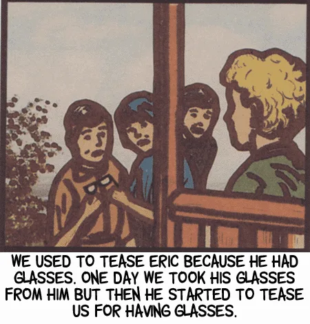 A vintage comic panel shows four youths on a porch, one holding a pair of glasses while others look on. The overlaid text…