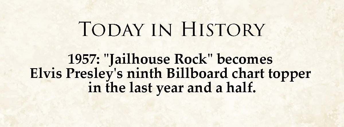 A beige parchment-style background displays black serif text reading 'TODAY IN HISTORY' followed by '1957: "Jailhouse Rock"…