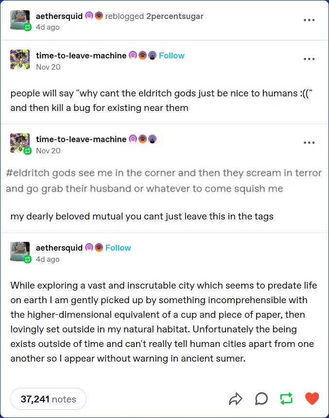 A screenshot of an Instagram post showing a user named 'time-to-leave-machine' posting a comment about how eldritch gods are…