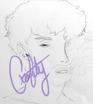 A pencil sketch of a person's face with closed eyes and curly hair, overlaid with a large purple signature that reads…