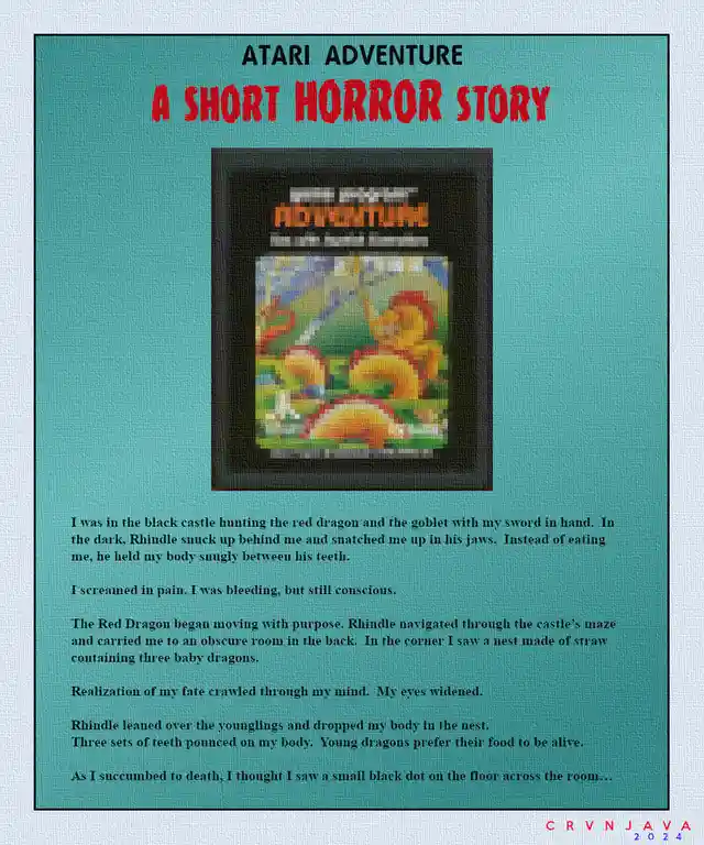 The image displays a parody of the classic Atari game 'Adventure,' presented as a 'short horror story.' It features the…
