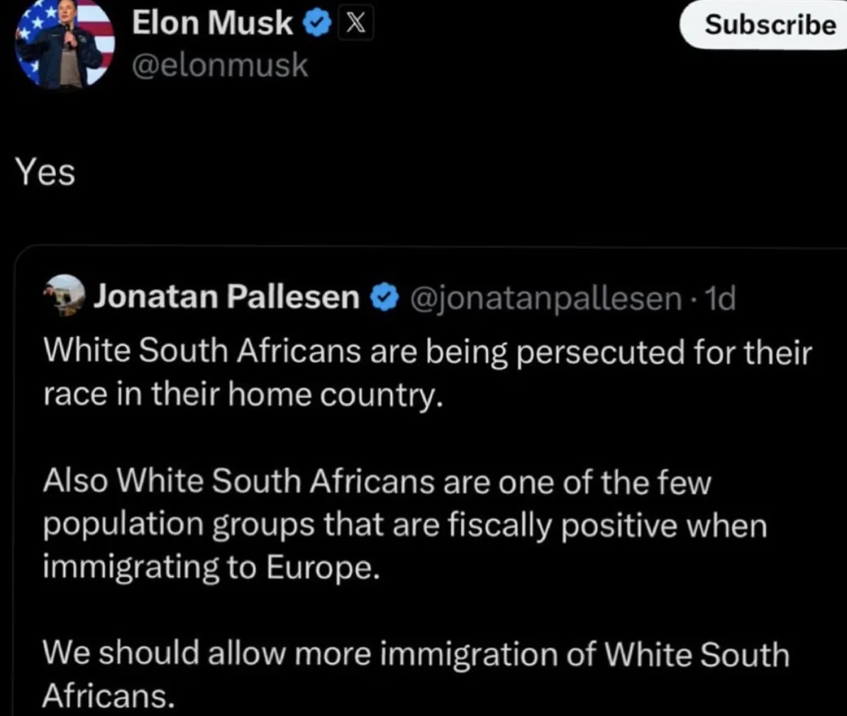 A screenshot of a Twitter/X thread shows a tweet from Jonatan Pallesen stating that white South Africans are persecuted in…