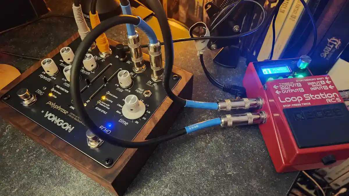 A close-up photo shows a custom-built 'polyphrase' guitar effects pedal by VONGON, with knobs for settings like 'repeats'…