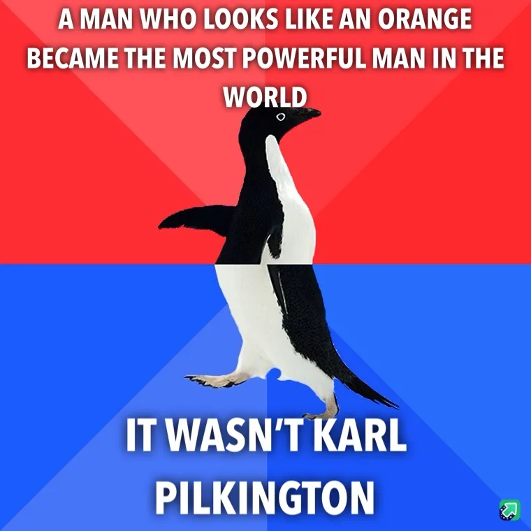 A black-and-white penguin stands centered against a red-and-blue background, with white text overlaid. The top text reads 'A…