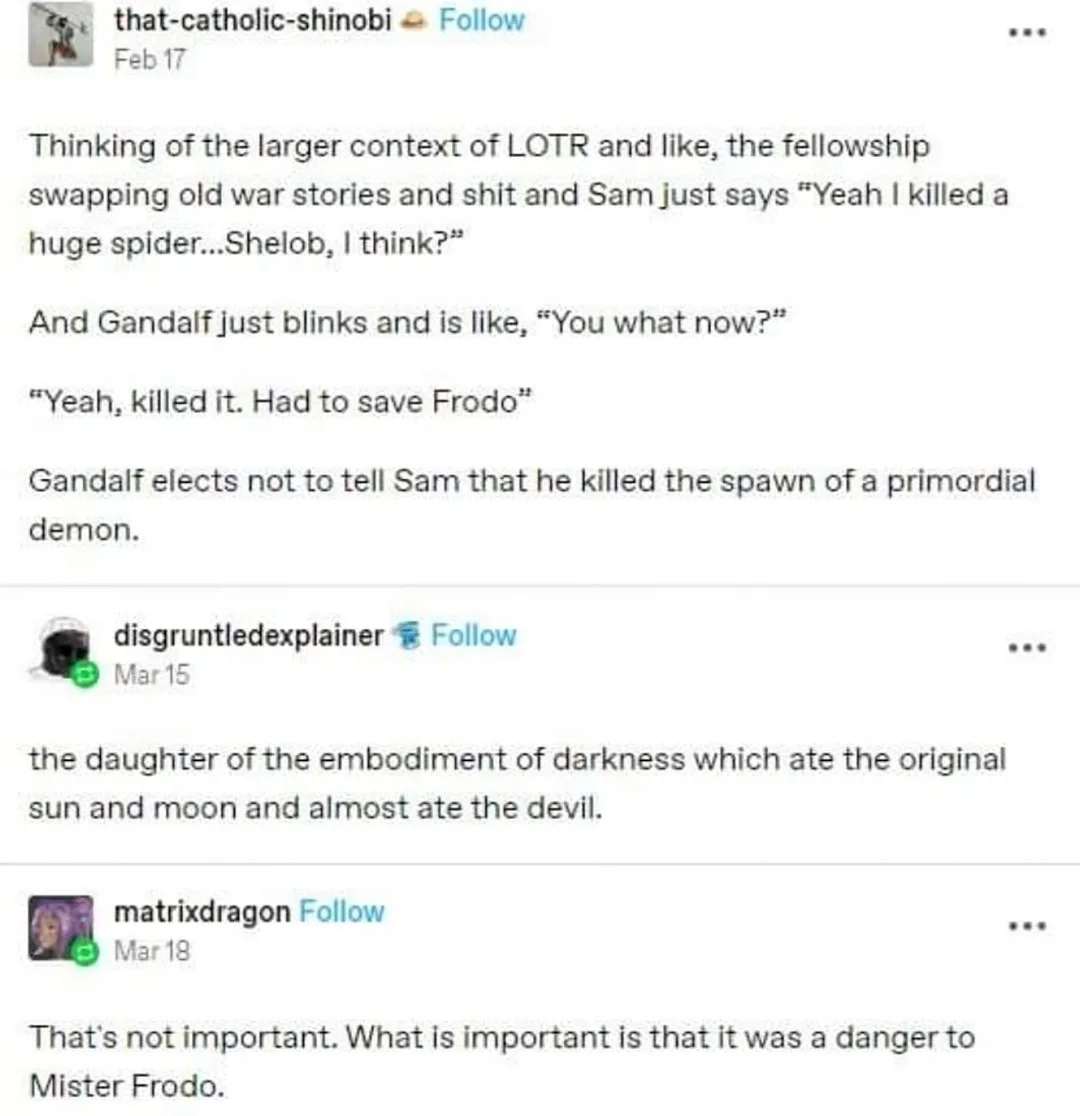 A screenshot of a Reddit thread where users discuss the Lord of the Rings, specifically Samwise Gamgee's casual claim of…