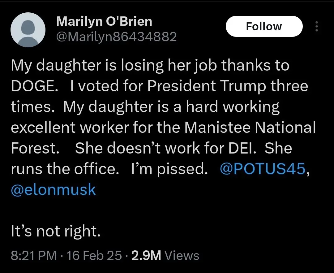 A screenshot of a tweet from user Marilyn O'Brien, who claims her daughter lost her job due to 'DOGE' (a reference to Elon…