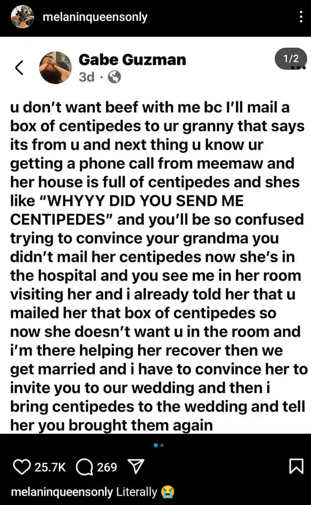 The image is a screenshot of an Instagram post by Gabe Guzman, showing a long, humorous text message that describes a…
