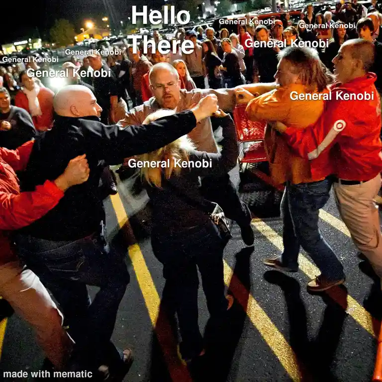 A chaotic nighttime photo of a crowd of people, many in red jackets, pushing and shoving in a street marked with yellow…