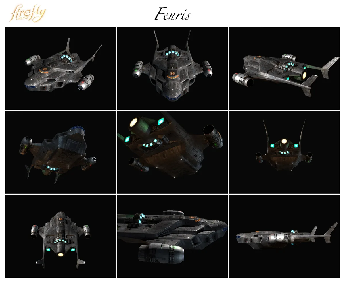 The image displays a grid of nine panels showing a detailed spaceship named 'Fenris' from the game 'Firefly Online', viewed…