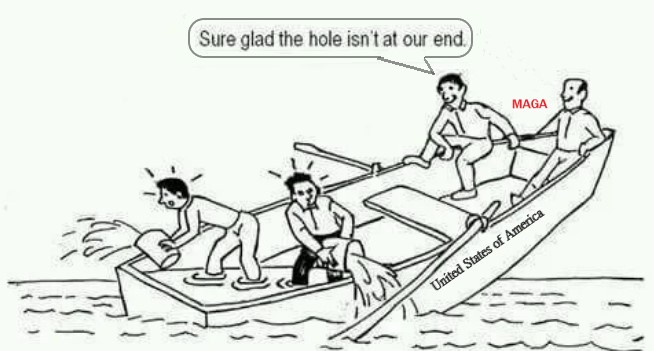A black-and-white cartoon shows three men in a sinking rowboat labeled 'United States of America'. Two men at the back are…
