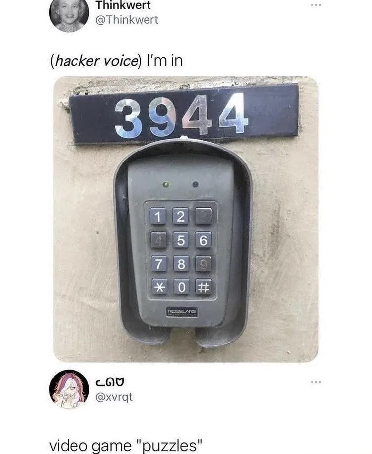 A close-up photo shows a grey, wall-mounted numeric keypad with a green indicator light, positioned directly below a black…