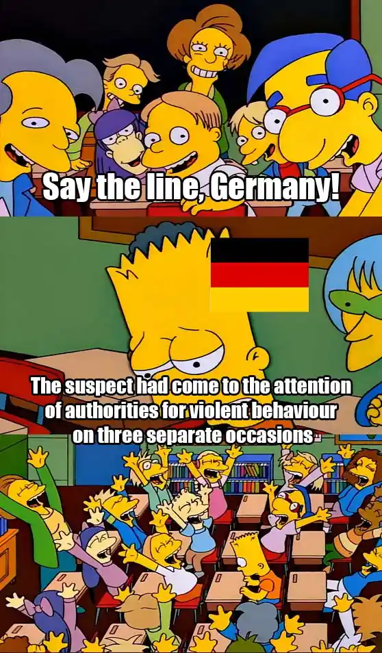 The image is a two-panel meme from The Simpsons. The top panel shows Bart Simpson with a German flag over his head…