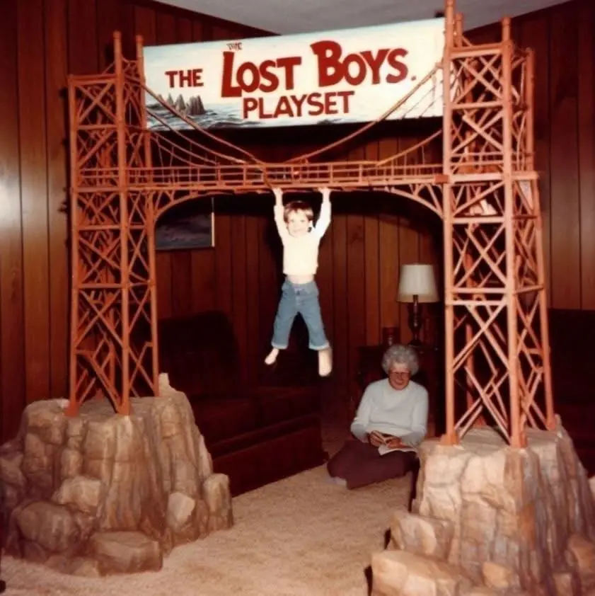 A child hangs from a rope bridge on a large indoor playset labeled 'THE LOST BOYS PLAYSET', while an older woman sits on the…