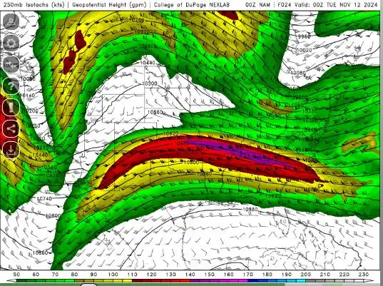 A weather map from the College of DuPage NEXLAB showing 200mb geopotential height contours, with a prominent red and purple…