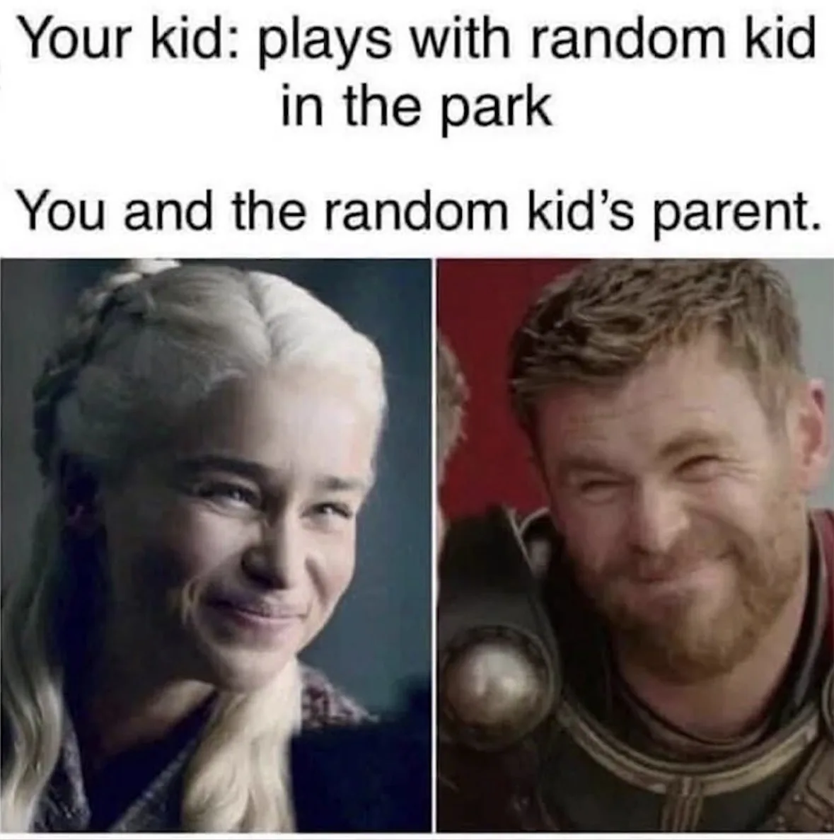 The image shows two side-by-side photos: on the left, Daenerys Targaryen from Game of Thrones with a subtle, knowing smile…
