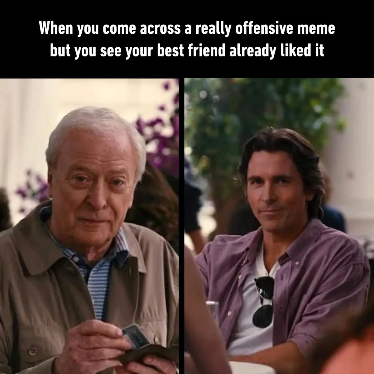 The image is split into two panels. The left panel shows an older man with white hair, wearing a beige jacket over a striped…