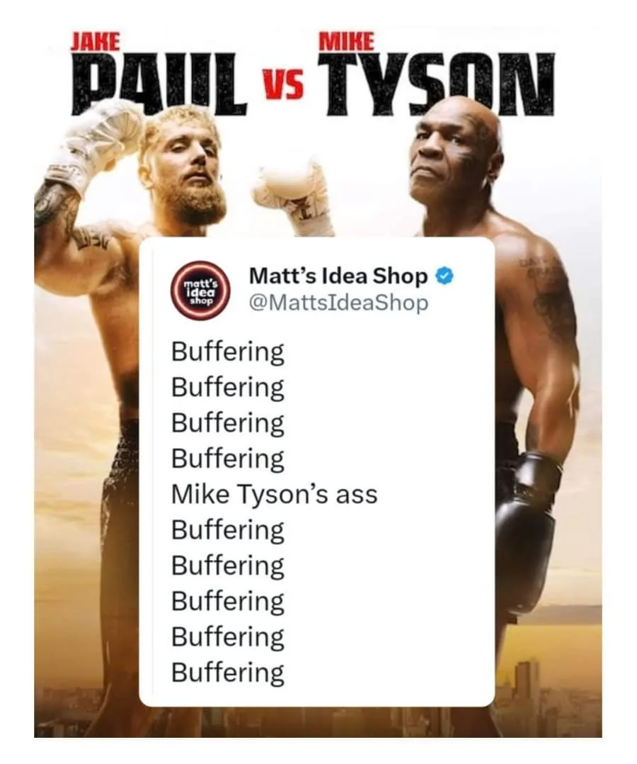 The image shows a promotional poster for a fictional boxing match between Jake Paul and Mike Tyson, with both fighters in…