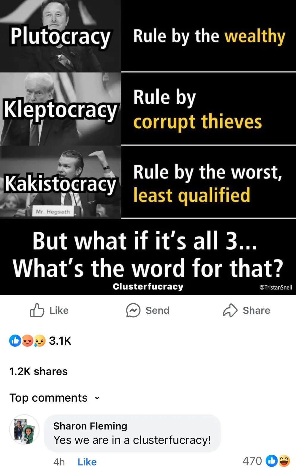 A meme image displays three panels with photos of public figures and definitions: 'Plutocracy' (Elon Musk) meaning 'Rule by…
