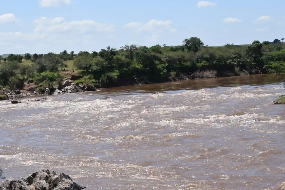 A wide, muddy river with turbulent, churning water flows under a partly cloudy sky, bordered by green vegetation and rocky…