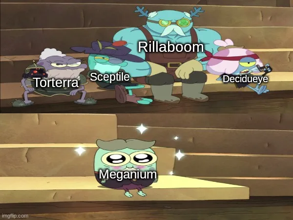 Four Pokémon characters—Torterra, Sceptile, Rillaboom, and Decidueye—are seated on wooden steps looking bored or…
