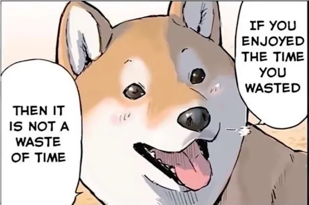 A close-up illustration of a smiling Shiba Inu dog with its tongue out, looking cheerful. Two speech bubbles are overlaid…
