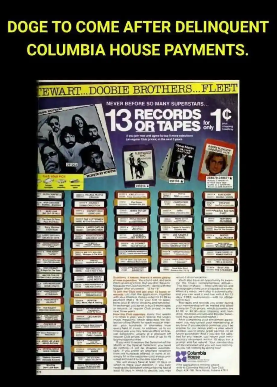 An old Columbia House record club advertisement featuring a grid of album selections and a large headline promoting 13…