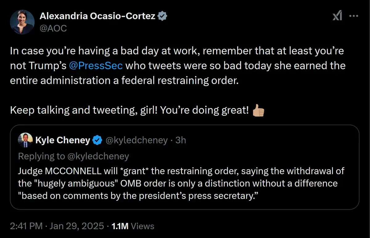 A screenshot of a tweet from Alexandria Ocasio-Cortez (@AOC) that sarcastically compares a bad work day to the consequences…