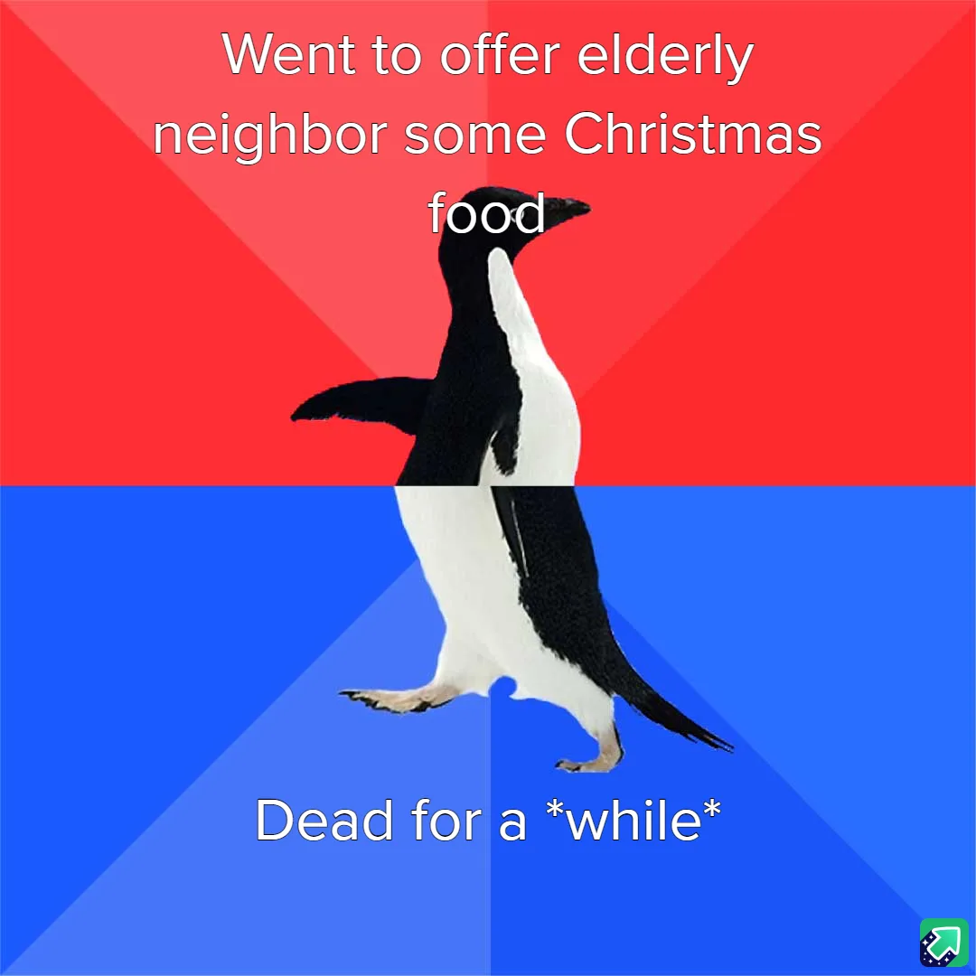 A penguin stands centered against a red and blue background, split diagonally. White text at the top reads 'Went to offer…