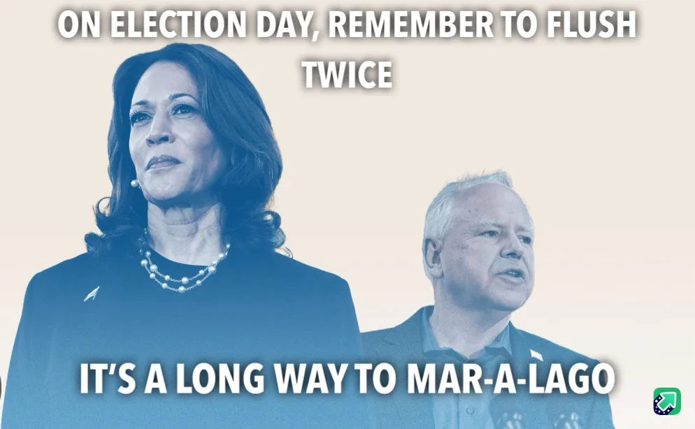 The image features two political figures, Kamala Harris and a man resembling a GOP figure, overlaid with bold white text…