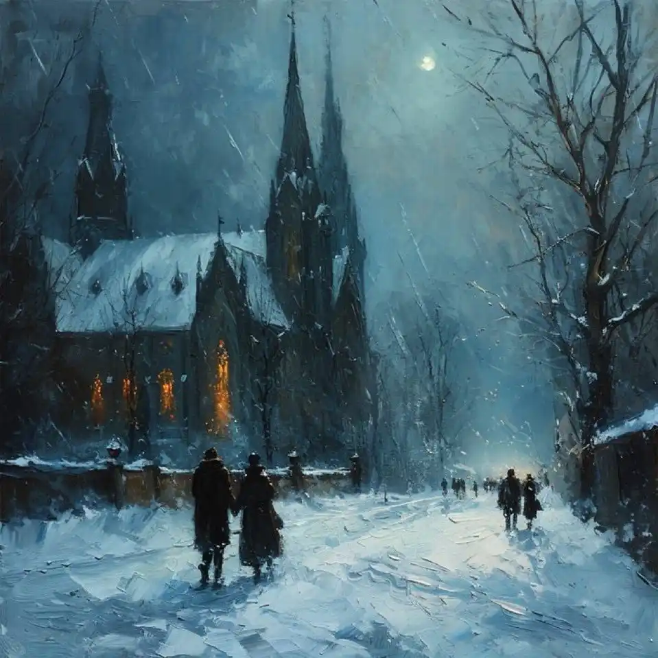 A snowy, atmospheric painting depicts silhouetted figures walking toward a gothic church under a moonlit sky, with warm…